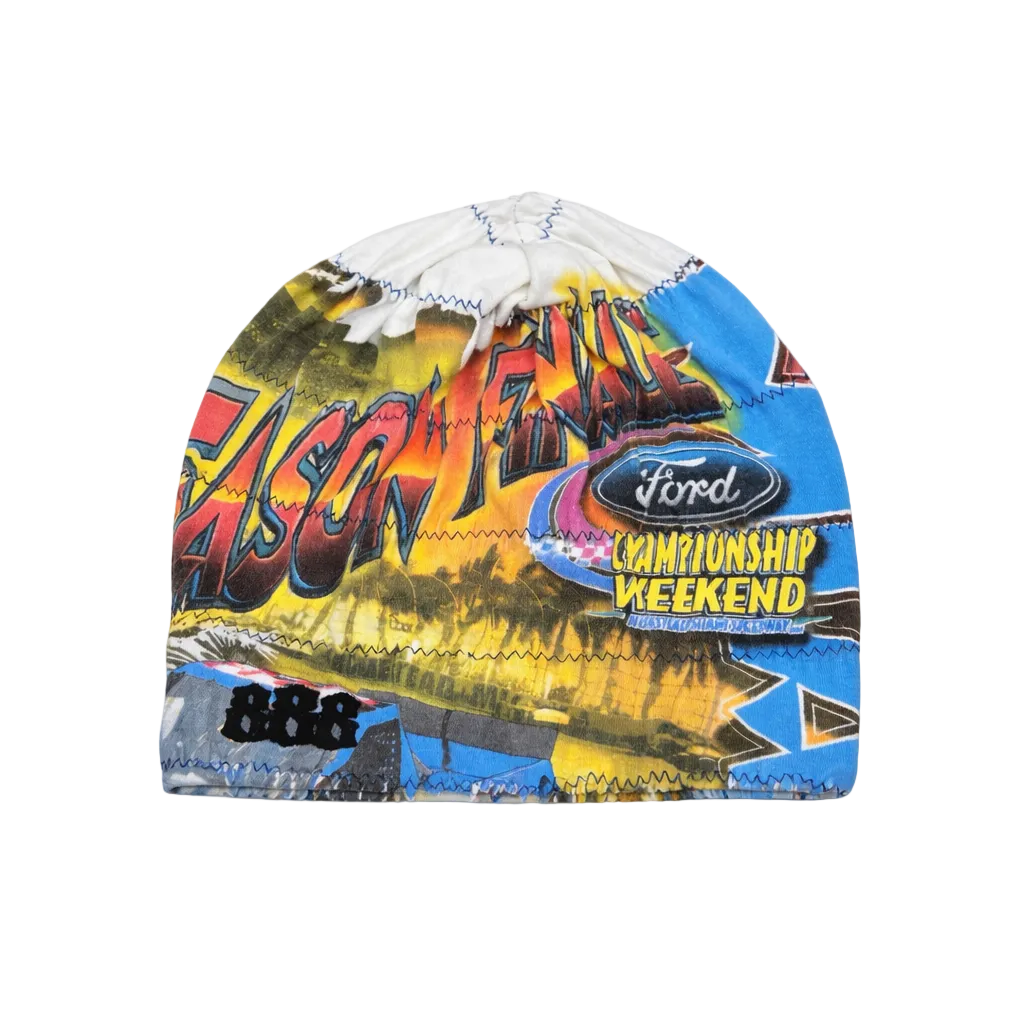 Colorful beanie with racing-themed graphics on a white background