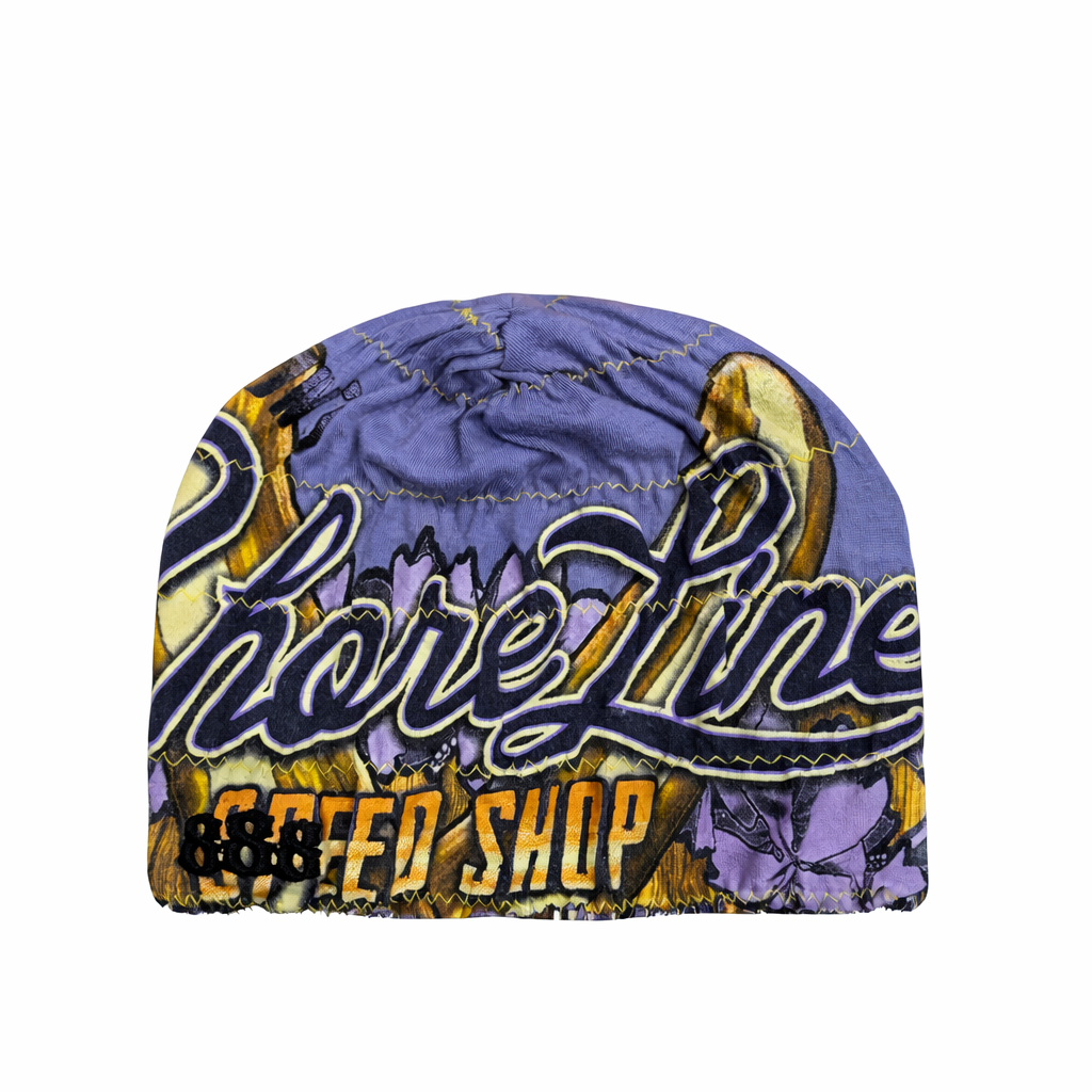 Colorful beanie with 'Chase Line Speed Shop' text on a white background