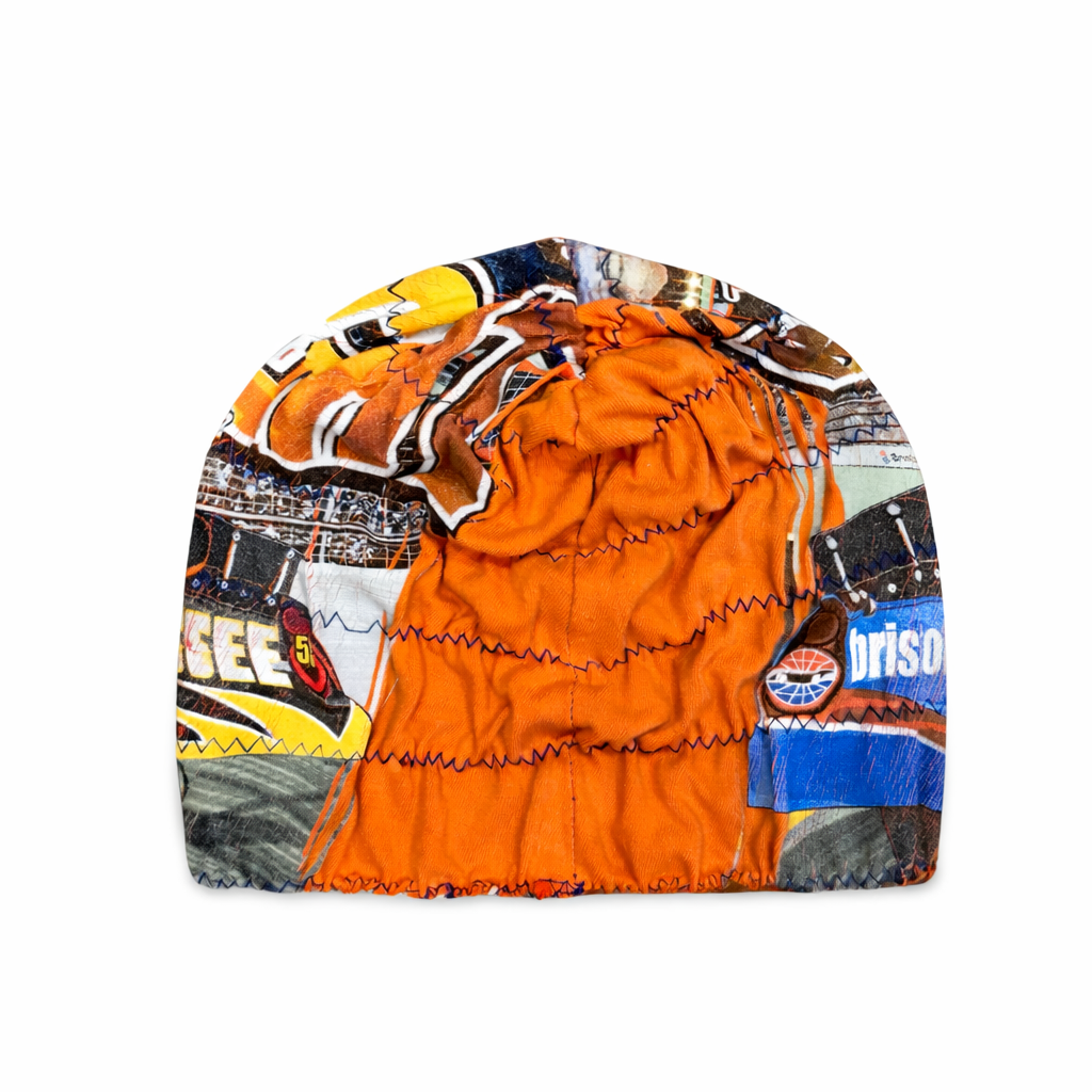 Colorful beanie with graphic design on a white background