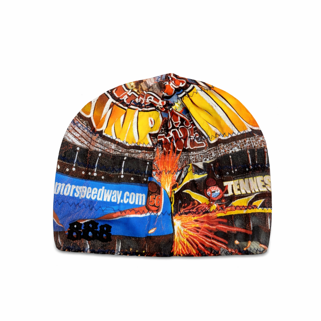 Colorful beanie with racing-themed design on a white background