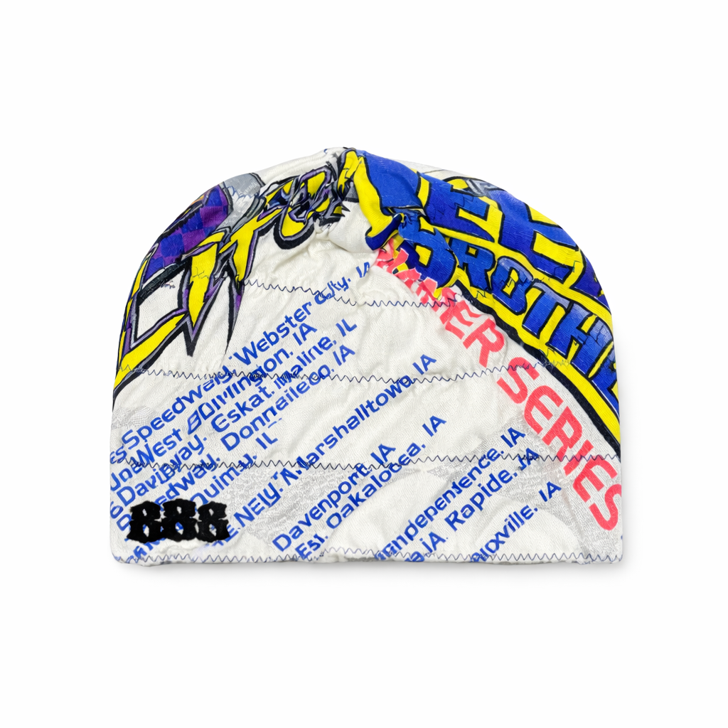 Colorful golf club head cover with text on a white background