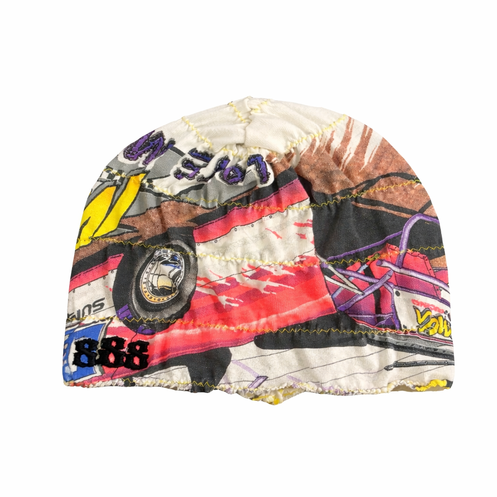 Colorful helmet with racing-themed design on a white background