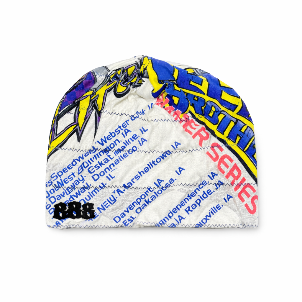 Colorful golf club head cover with text on a white background