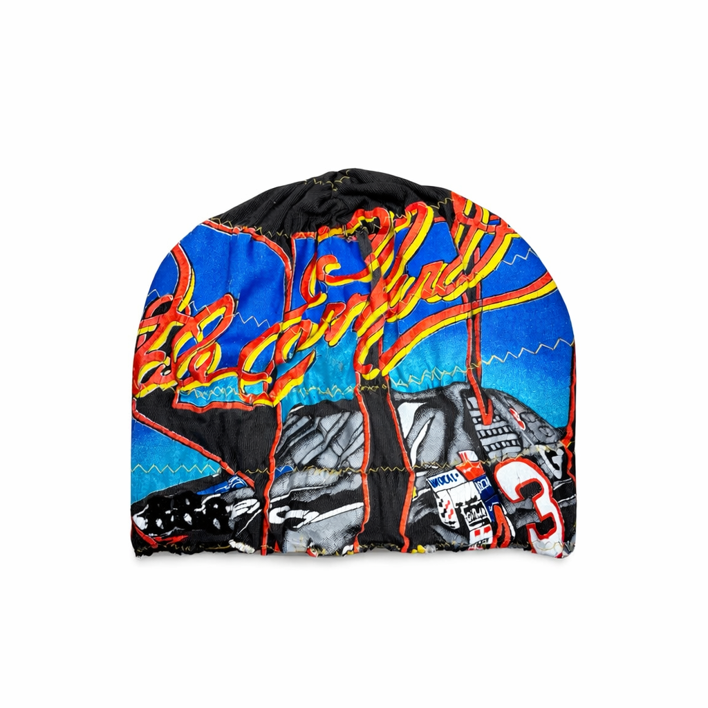 Colorful beanie with racing design on a white background
