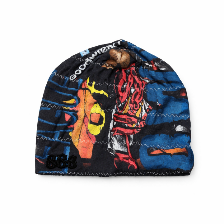 Colorful beanie with abstract patterns on a white background
