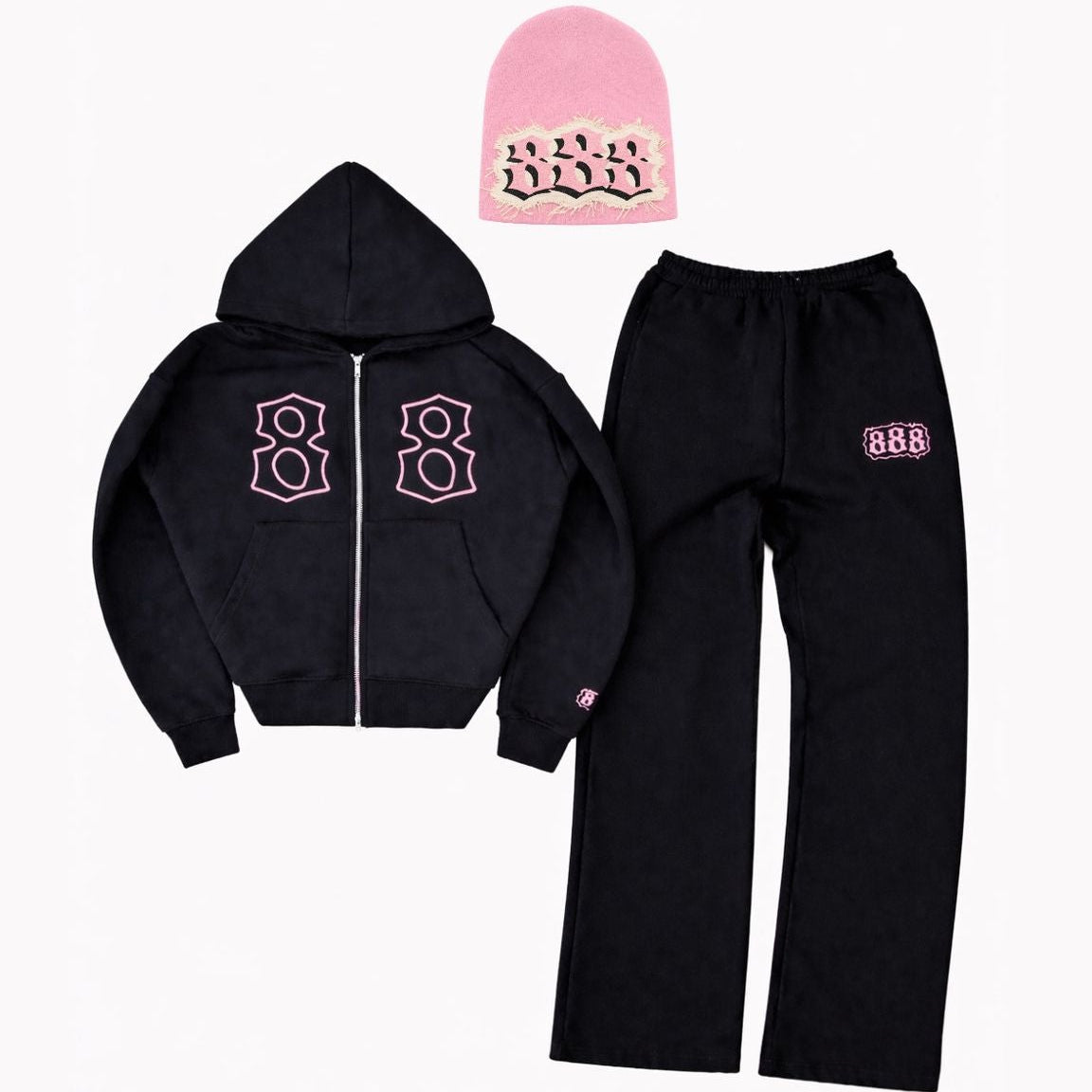 Black hoodie, black pants, and pink beanie with logo on a white background