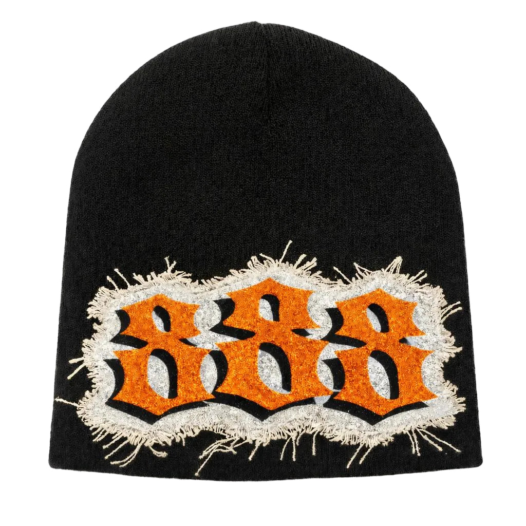 Black beanie with orange '888' logo on a white background